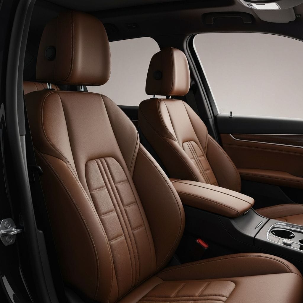 Upholstery interior mobil dari kulit custom dengan jok berjahit buatan Dhenig