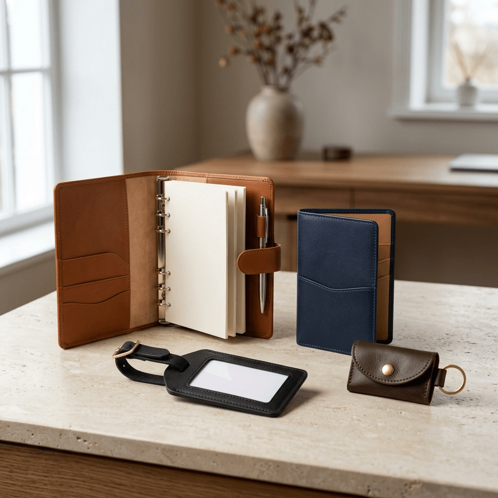 Corporate gift kulit premium tanpa logo — agenda, passport holder, luggage tag, dan key pouch yang ditata di atas permukaan bersih