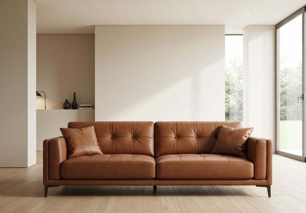 Sofa custom dari kulit full-grain warna cognac buatan Dhenig